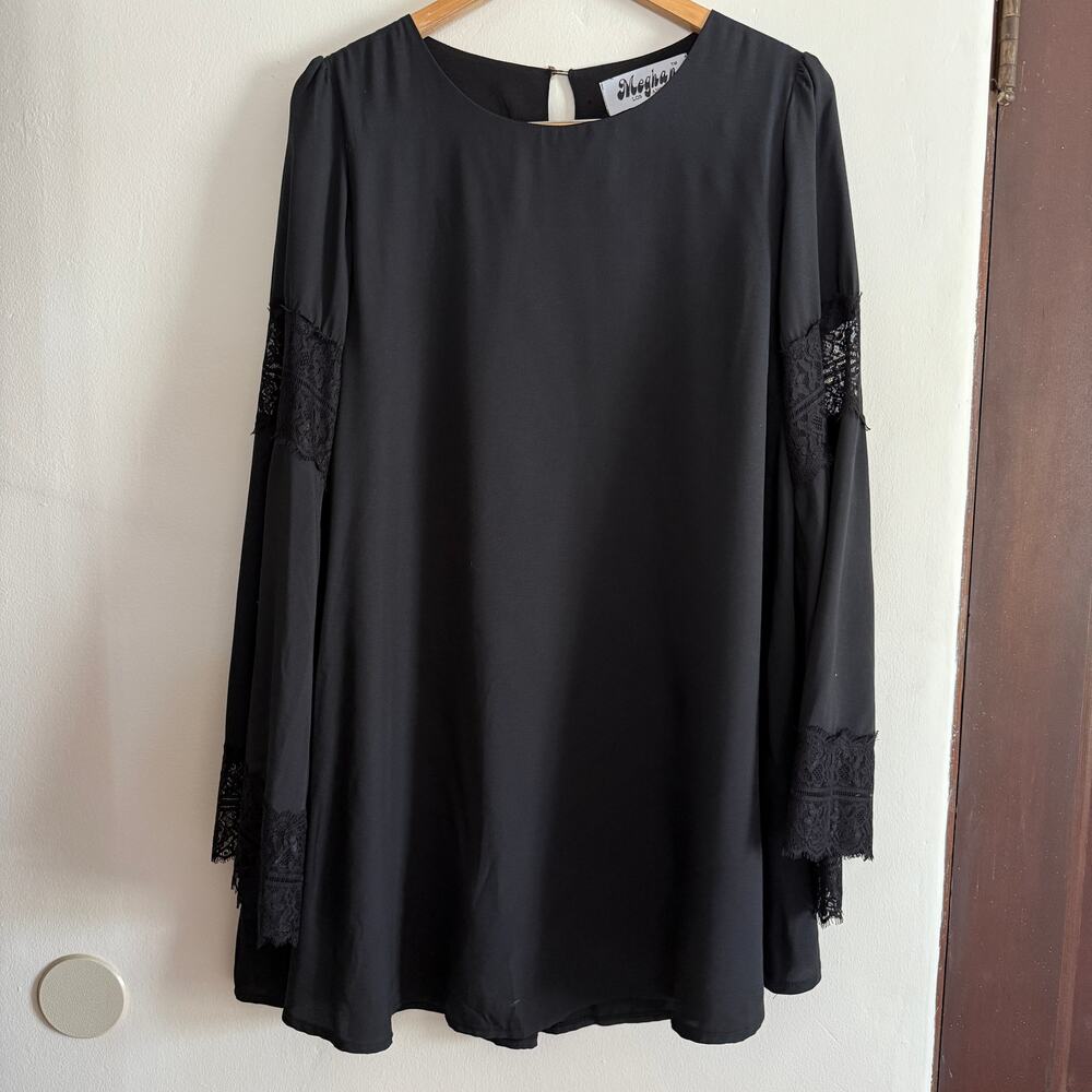 MEGHAN FABULOUS | Black Bell Sleeve Lace Trim Mini Trapeze Dress | Large
